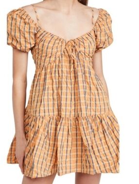 Cinq à Sept Betsy Check Cold Shoulder Dress Crinkle Taffeta Size 6
